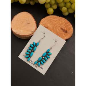 Navajo Handmade Kingman Turquoise & Sterling <b>Silver</b> Drop <b>Earrings</b> Geometric Cluster <b>Dangle</b> Design - Product Image 4