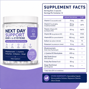 Cápsulas de Cisteína DHM con Nopal, Jengibre y Vitaminas <span class=keywords><strong>B</strong></span>, Suplemento Vegetal <span class=keywords><strong>para</strong></span> el Alivio de <span class=keywords><strong>la</strong></span> <span class=keywords><strong>Resaca</strong></span>, Marca Privada PerDM - Product Image 3