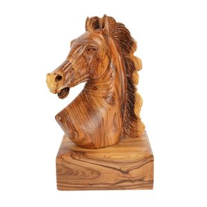 Tête de cheval sculptée à la main en bois d'olivier (grande taille) – Sculpture en bois exclusive de Bethléem (24 cm) - Product Image 1