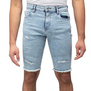 Pantalones Cortos de Mezclilla Azul Claro para Hombre, Estilo Vintage, Personalizados, con Rasgaduras, Desgastados, Corte Deshilachado, Algodón Lavado - Product Image 1