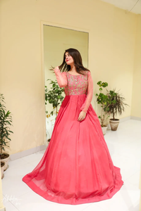 Solid Peach femmes Anarkali ensemble Long Flair embelli indien pakistanais vêtements évacuation de l'humidité respirant - Product Image 2