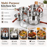 Ensemble de 12 ustensiles de cuisine en acier inoxydable, casseroles et poêles avec couvercles en verre et poignées imitation bois pour cuisinière à induction