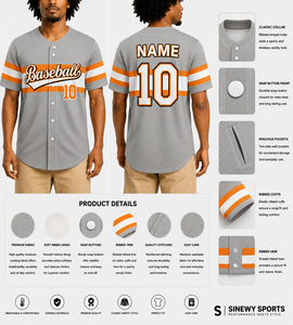 Camiseta de Béisbol Sublimada Personalizada para Hombre, Gris, Naranja y Blanca, de Malla Transpirable de Secado Rápido, Manga Corta, Cierre de Botones, Nombre del Equipo y Letras - Product Image 1
