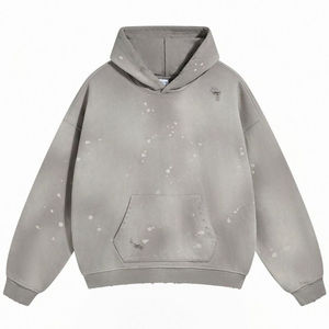 Sudadera con Capucha Personalizada para Hombre, Estilo Vintage, Color Gris, Felpa, Lavado Ácido, Desgastada, Transpirable, 100% Algodón, Gruesa, Bordada - Product Image 3