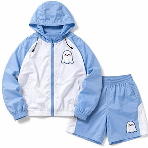 Conjunto de pantalones cortos cortavientos con capucha y cremallera para hombre, estampado de fantasmas de dibujos animados, azul, blanco, de secado rápido, ropa informal de verano para exteriores - Product Image 1