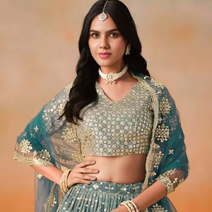 ชุดเลเฮนกาโชลีผ้าไหมชินนอนสีดำ ประดับลายปะติดหลากสี ปักดิ้นดอริ ซารี พร้อมผ้าคลุมไหล่ชีฟองสุดหรู สำหรับงานปาร์ตี้ - Product Image 1