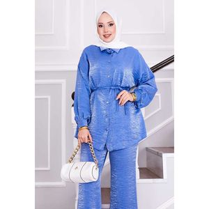 Ensemble deux pièces indigo pour femme avec haut à taille ajustable et pantalon en crêpe ample, tailles XS-XL, tenue de sport avec ceinture - Product Image 2