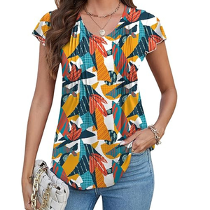 Blusas de Mujer Elegantes Casuales de Verano con Mangas con Volantes, Camisetas de Poliéster Modernas con Mangas Cortas con Volantes, Cuello en V Regular, Lavables - Product Image 4
