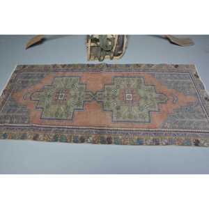 3.5x7.5 ft Vintage Turkish Rug, Area Rug, <b>Brown</b> Blue Striped <b>Wool</b> Rug - Product Image 3