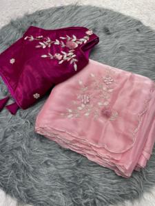 Magnifique superbe designer indien Satin de soie Sari dernier chemisier fantaisie exclusif qualité supérieure mariée ethnique fête porter des femmes - Product Image 2