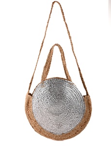Sac fourre-tout rond bohème en jute écologique avec panneau argenté, design ouvert pour la plage, doublure en coton - Product Image 1