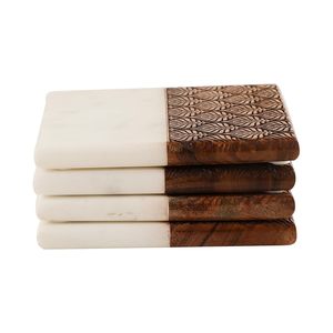Dessous de verre élégant carré en marbre naturel incrusté de deux tons avec accent artistique en bois gravé pour la décoration intérieure et la protection de la table - Product Image 3