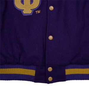 Veste Letterman pour homme Corps en laine et cachemire violet et manches en cuir véritable doré Vêtements grecs Vêtements d'extérieur universitaires fraternels - Product Image 4