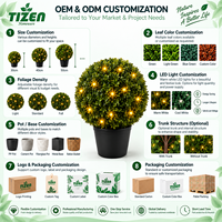 Boule de topiaire artificielle de 45 cm avec lumière LED, plante artificielle en pot, pot noir, matériau PE résistant aux UV, pour l'intérieur et l'extérieur