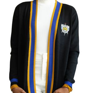 <b>Long</b> <b>Black</b> <b>Cardigan</b> for Women <b>with</b> Blue Gold Trim Open Front Knit Sorority Style Elegant Lightweight Sweater - Product Image 3