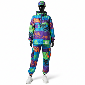 Ensemble coupe-vent pour femmes en polyester ripstop de qualité supérieure, avec blocs de couleur graffiti, logo personnalisé par transfert thermique, coupe-vent grande taille - Product Image 1