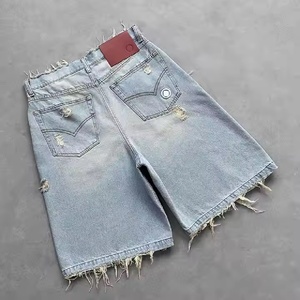 Pantalones vaqueros rectos de cintura de verano informales a la moda vintage pantalones cortos de pierna ancha lavados viejos con bolsillos y decoración de botones - Product Image 5