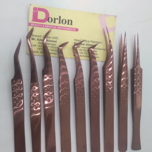Pince à cils bronze or rose Volume pointu en acier inoxydable incurvé avec poignée pointillée Personnaliser la pince à épiler d'extension de cils - Product Image 1