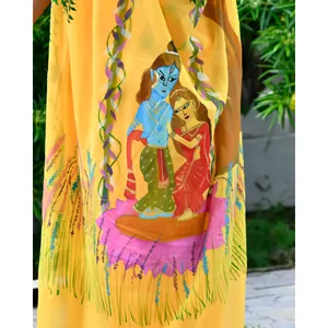 Sari Radhe Georgette Banarasi Amarillo, Sin Arrugas, de Secado Rápido, Largo Hasta el Suelo, Estilo Bollywood, para Bodas, Fiestas y Diwali - Product Image 1