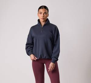 Sweat-shirts d'hiver pour femmes à col rond, style tendance, coupe ample, épaules tombantes, manches longues, couleur unie, fermeture éclair mi-longue - Product Image 6