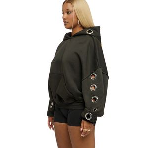 Women's Winter Long Sleeve Oversize Hoodie With Drop-Shoulder <b>Eyelet</b> Hoodie Fleece Sublimation Printed Logo <b>Metal</b> Grommets Hole - Product Image 4