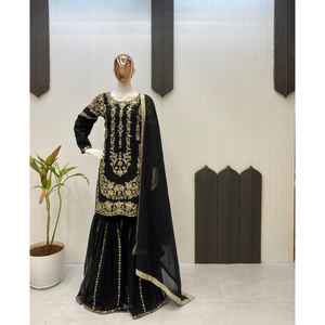 Traje Sarara de Georgette de Tres Piezas, Diseño Tradicional, con Bordado de Lentejuelas, Secado Rápido, Salwar Kameez para Fiestas - Product Image 1