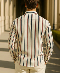 Cream <b>Corduroy</b> Striped Long Sleeve Overshirt Contrast Burgundy Navy Stripe Casual <b>Shirt</b> Jacket - Product Image 3