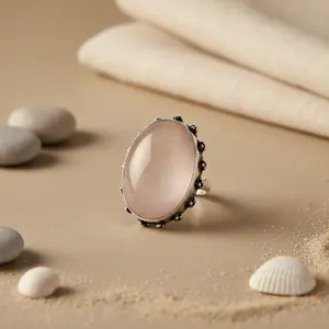 Bague ovale en quartz rose pour femmes, bijoux en argent 925, pierres précieuses, bagues en cristal - Product Image 1