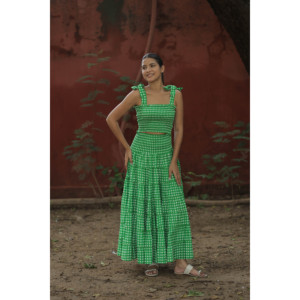 Women's Bohemian Cotton Top Skirt <b>Set</b> Indian Hand Block Check Print Summer Crop Top and Skirt with Adjustable <b>Tie</b> Straps - Product Image 1