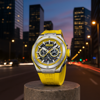 Montre unisexe automatique mécanique BX3613 avec boîtier en acier inoxydable, bracelet FKM, cadran analogique jaune, style business de luxe, cristal
