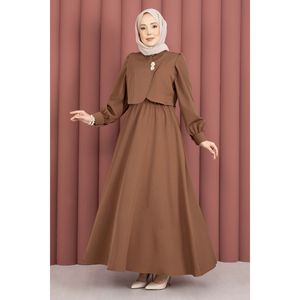 Ensemble robe boléro en crêpe marron café avec détail boutons dorés, élégant et stylé - Product Image 1