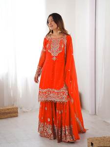 Ensemble Sharara et Dupatta en Georgette Brodé Style Moderne et Luxueux pour Fêtes et Cérémonies – Vente en Gros – Vêtement Ethnique Réversible Orange - Product Image 3