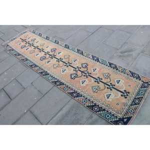 พรมวิ่งสไตล์ตุรกี ขนาด 2.3x8.7 ฟุต พรมขนสัตว์สีน้ำเงินวินเทจลายปะติด - Product Image 2