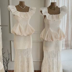 Vintage <b>White</b> Chiffon Top and Lace Maxi <b>Skirt</b> Two Piece Set for Women Wholesale - Product Image 6