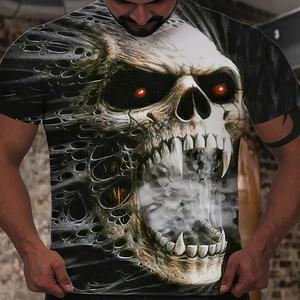 T-shirt décontracté à manches courtes avec imprimé numérique 3D graphique crâne d'horreur solide personnalisé pour hommes 100% coton col en O pour l'été - Product Image 1