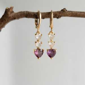 Purple Heart Amethyst Gemstone Charms 925 Silver Gold Plated Cute Dangle Earrings Vintage Style Anniversary Gift - Product Image 1