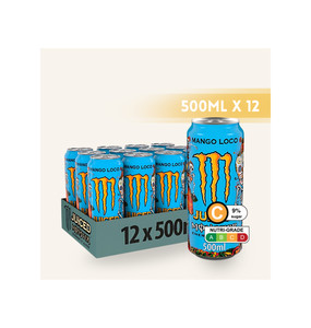 Boisson énergisante Monster Mango Loco, 500 ml, 203 Kj par 100 ml d'énergie, 48 Kcal, 0 g de matières grasses, 12 g de glucides - Product Image 1