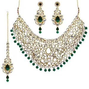 Festive Collection Green Color Imitation Pearl Kundan Necklace With Earrings & Maang Tikka