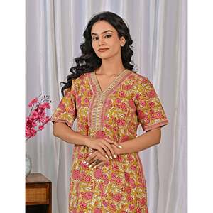 Vestido de Dormir 100% Algodón con Estampado Jaal Hecho a Mano, Camisón Suave Tejido con Diseño Floral y Botones, ODM 3XL para Damas de Honor - Product Image 1