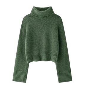 Pull en tricot vert décontracté pour femmes, col montant, manches longues, bordures côtelées pour l'automne et l'hiver - Product Image 5