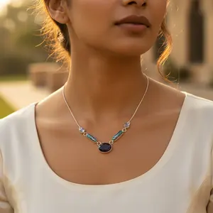 Vintage Style 925 Silver Gemstone <b>Necklace</b> with <b>Gold</b> Plating <b>14K</b>/18K <b>Gold</b> & Diamond Main Stone for Women's Wedding Occasions - Product Image 3