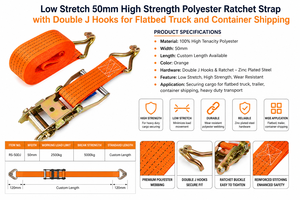Correa de trinquete de poliéster de baja elasticidad y alta resistencia de 50 mm con ganchos dobles en J para camiones de plataforma y transporte de contenedores - Product Image 3