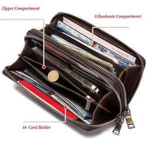 Cartera larga de cuero genuino para hombre, doble cremallera con correa para la muñeca, cartera larga para hombre, monederos para teléfono móvil - Product Image 3
