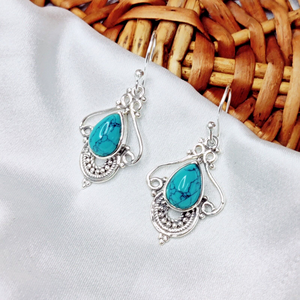 Vintage Synthetic Turquoise <b>Silver</b> <b>Drop</b> <b>Earrings</b> SIPL_2024_E14 Model for Anniversary Engagement Party or Wedding Gift - Product Image 2
