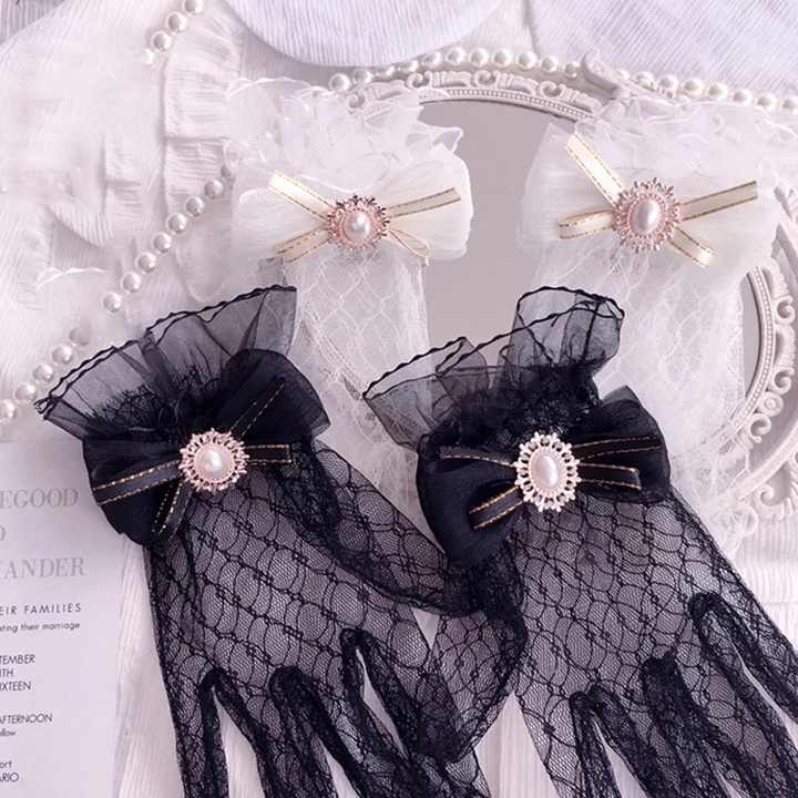 Japanese Soft Girl Black White Lace Gloves Girl Gothic Lolita Mesh Bow Flower Lace Gloves Sweet Wristband Maid Cosplay Jewelry
