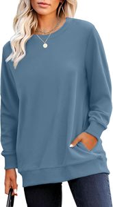 Dusty <b>Blue</b> Crewneck <b>Women's</b> Sweatshirts Trendy Streetwear Long Sleeve Pullover with Front Badge Pockets 100% Cotton - Product Image 5