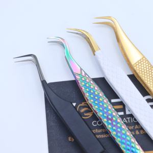 Pincettes à cils colorées Diamond Grip Boîte personnalisée Emballage Marque privée Pointe en fibre Volume Extension de cils Ensemble de pinces à épiler incurvées - Product Image 1