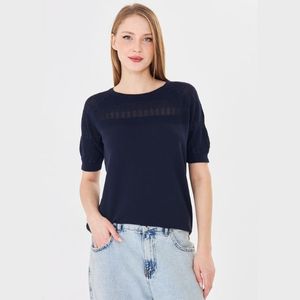 Blusa de punto calado de manga corta para mujer - Suéter de primavera con cuello redondo y diseño hueco - Top de punto de ganchillo suave y transpirable para damas - Product Image 1