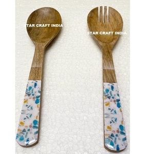 Modern Decorative Wood <b>Salad</b> <b>Server</b> Handmade With Marble Handle Unique Design Flatware Spoon & Fork Home Kitchen and Restaurant - Product Image 1