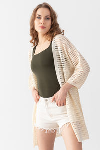 High Quality Beige Openwork <b>Cardigan</b> for <b>Women</b> Long Casual Knit Sweater with Print Pattern Casual Pullover with Logo on Back - Product Image 3